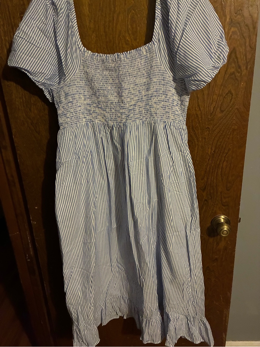 J. Crew Blue and White Striped Smocked Midi Dress
